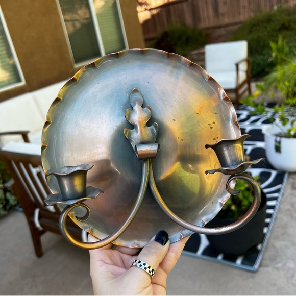 Vtg Gregorian Copper Candle Sconce Wall Hanging Hand Hammered 409 Crown Signed - Picture 6 of 10